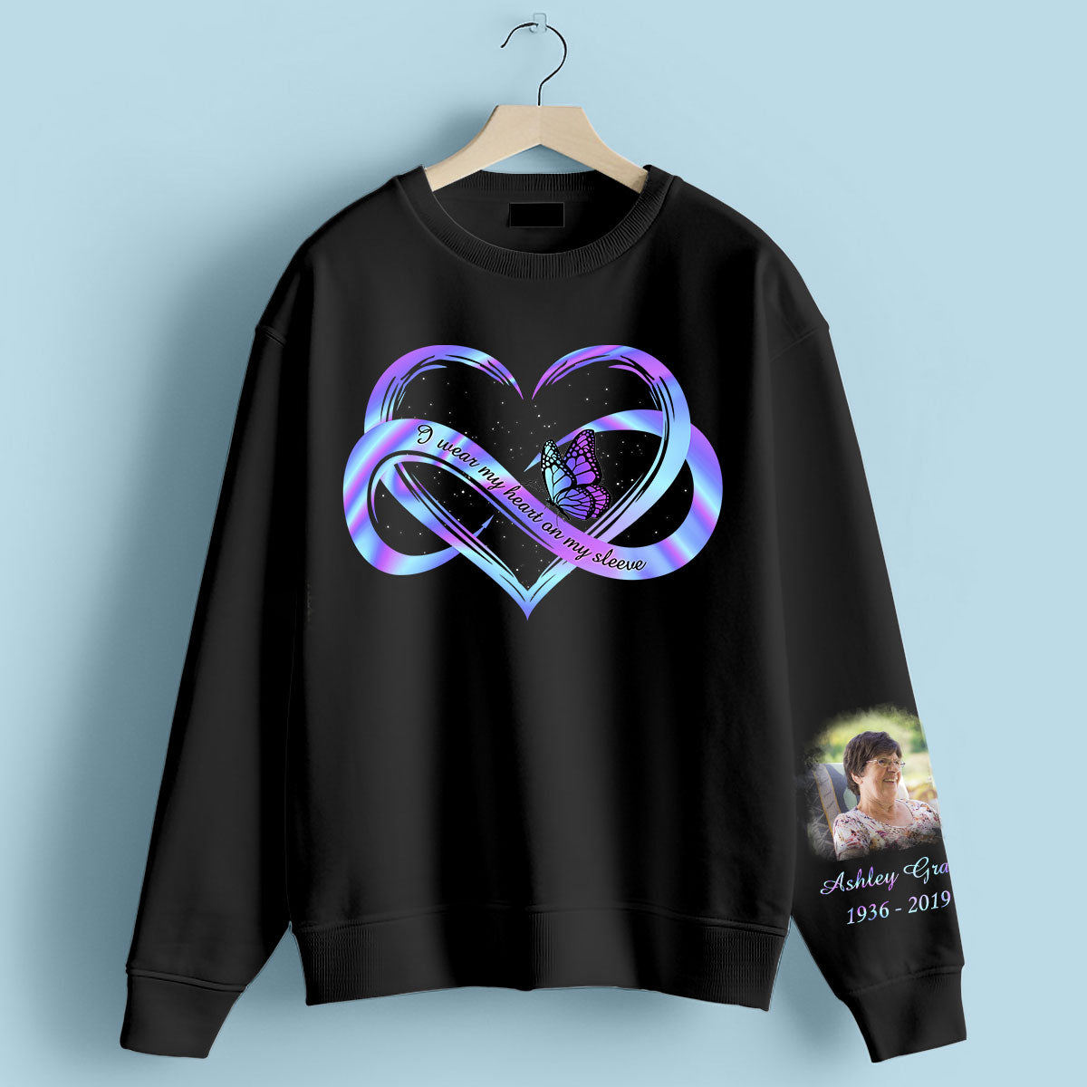 I Wear My Heart On My Sleeve Memorial, Sympathy Gift, Personalized Sleeve Printed Sweatshirt