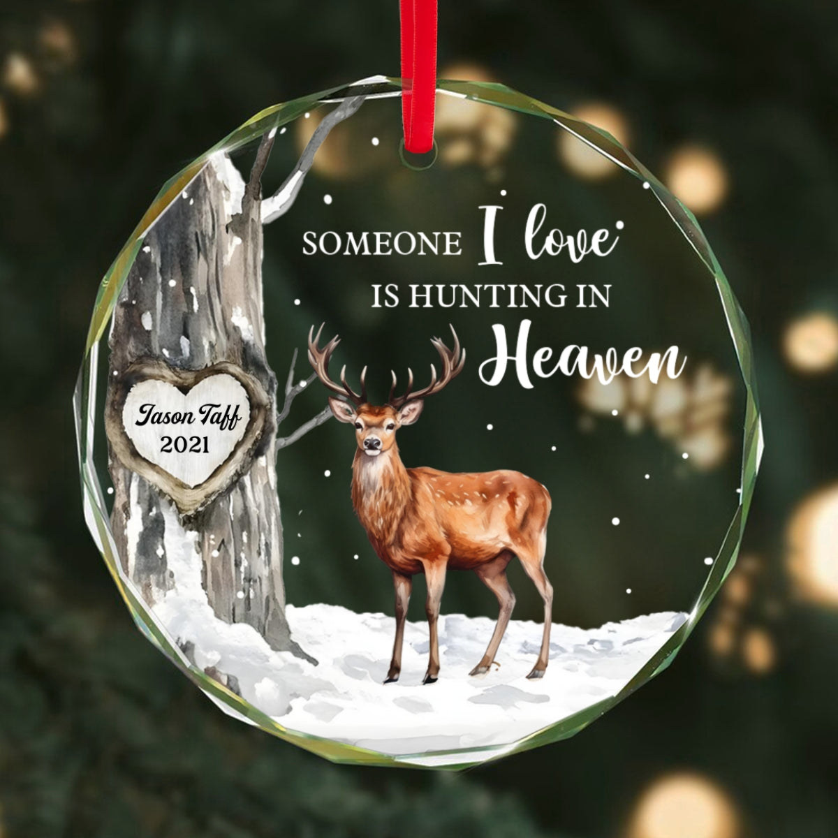 Hunting In Heaven Memorial Winter Personalized Glass Ornament