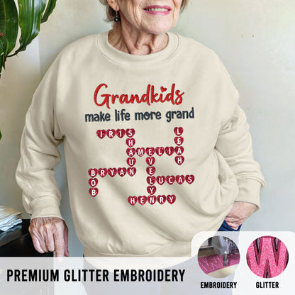 Grandkids The Greatest Gifts Crossword Puzzle Art Personalized Glitter Embroidery Sweater, Heartfelt Gift For Grandma