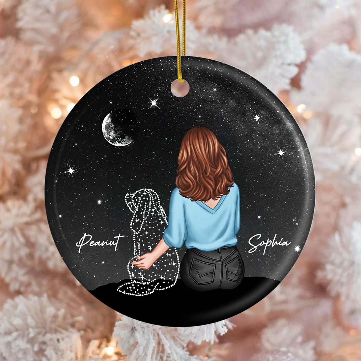 Woman And Dog Sitting Memorial Personalized Circle Ceramic Ornament