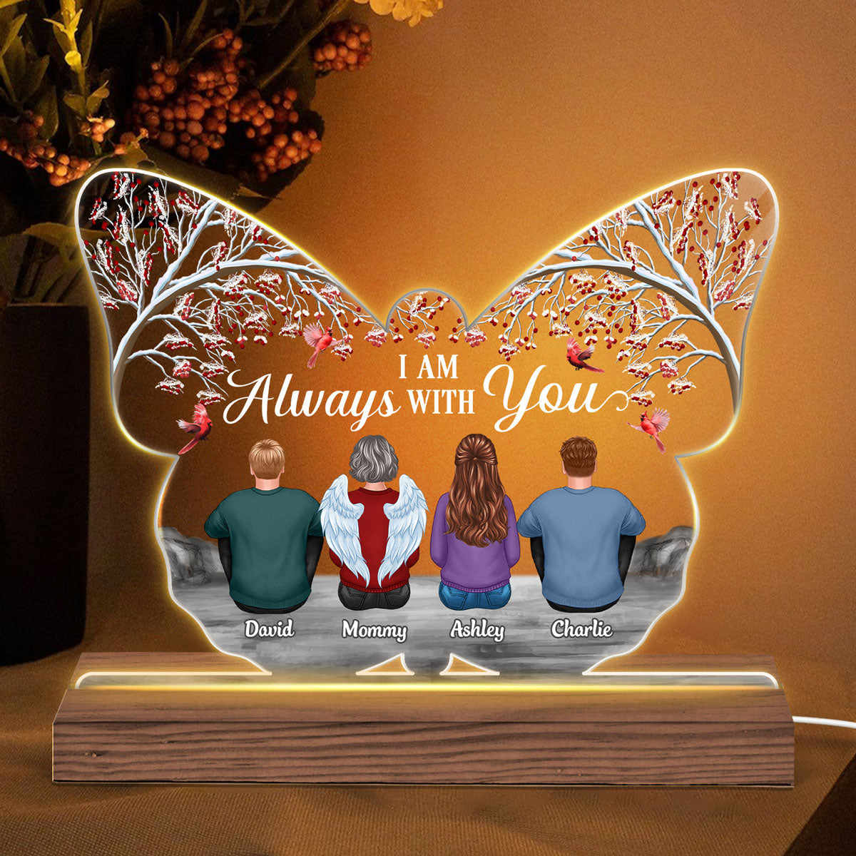Berry Tree Memorial Family Butterfly Shaped Personalized Custom Shape LED Night Light