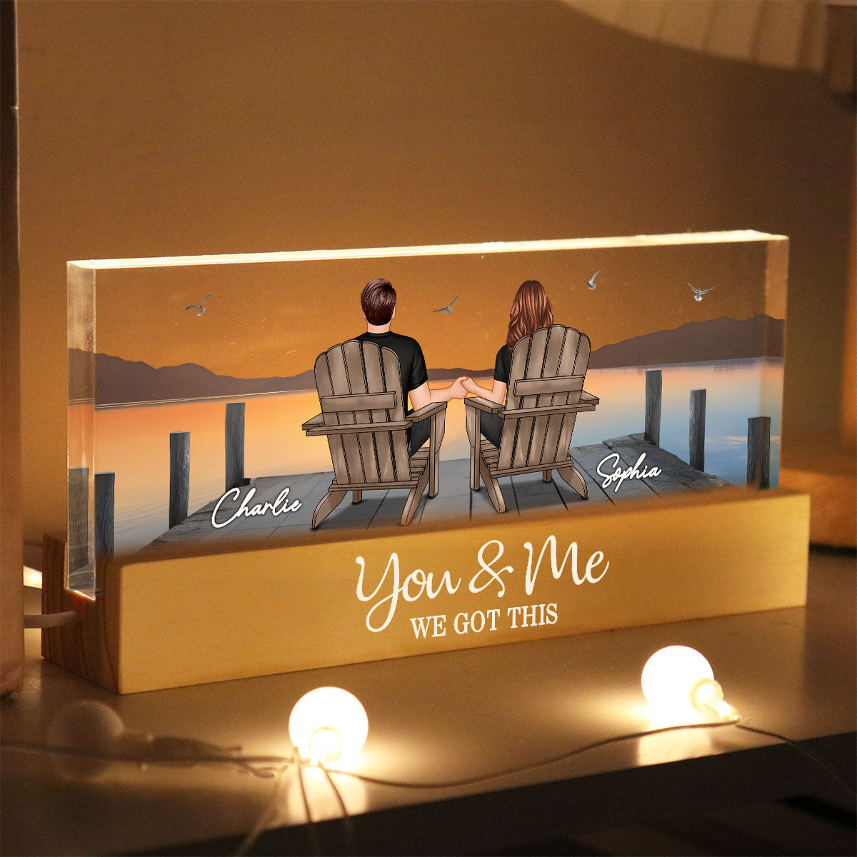 Back View Couple Sitting On The Bridge, Lake Dock Personalized Acrylic Block LED Night Light, Heartfelt Gift For Couple, For Him, For Her, Boyfriend, Girlfriend, Husband, Wife