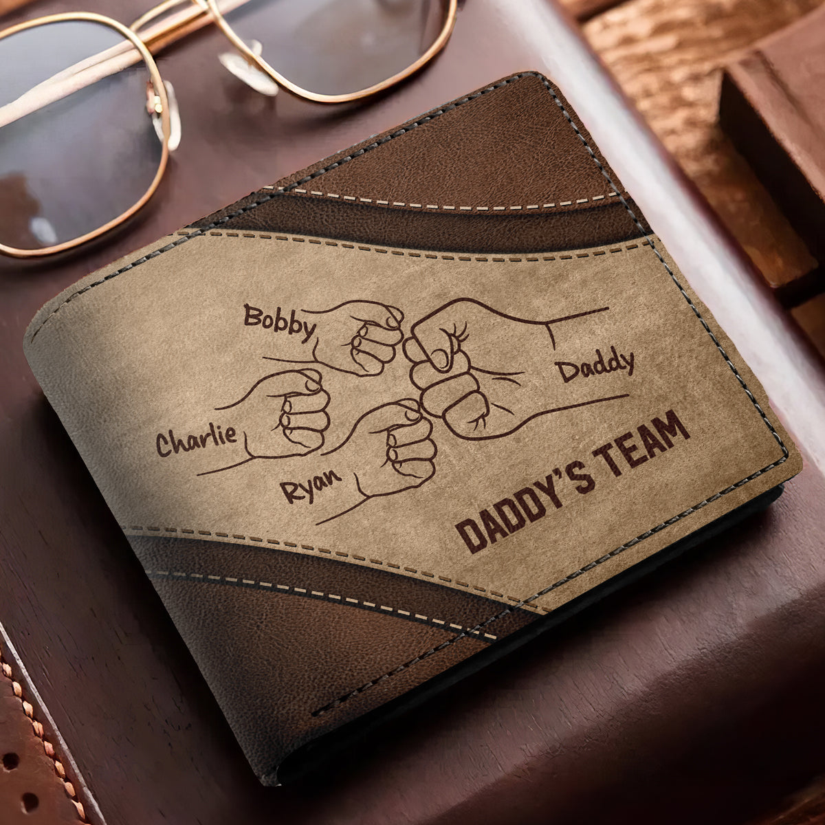 Daddy's Team Fist Bump Personalized Men’s Wallet, Father's Day Gift, Birthday Gift For Husband, Dad, Grandpa
