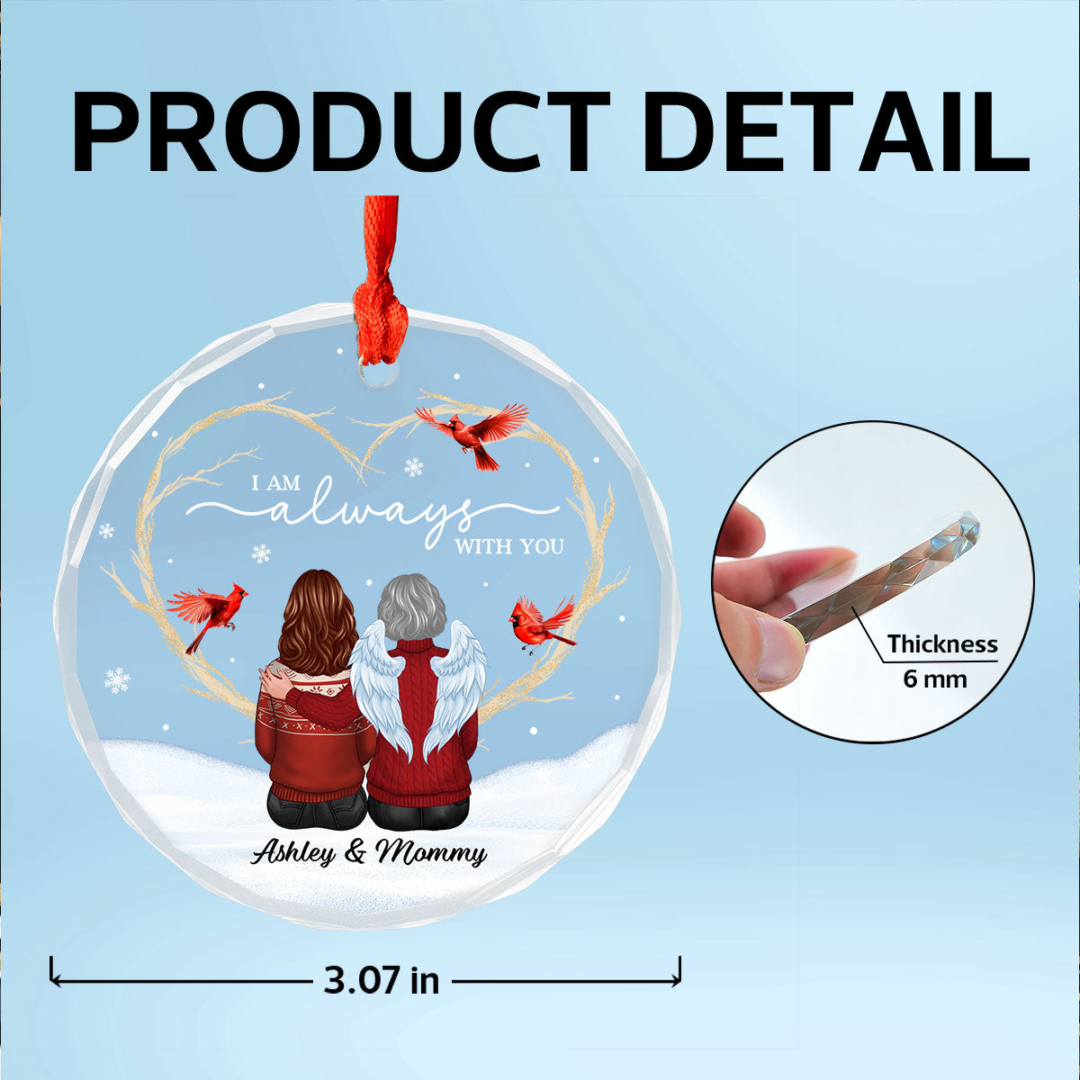 Cardinals Heart Branch Memorial Personalized Glass Ornament, Sympathy Keepsake