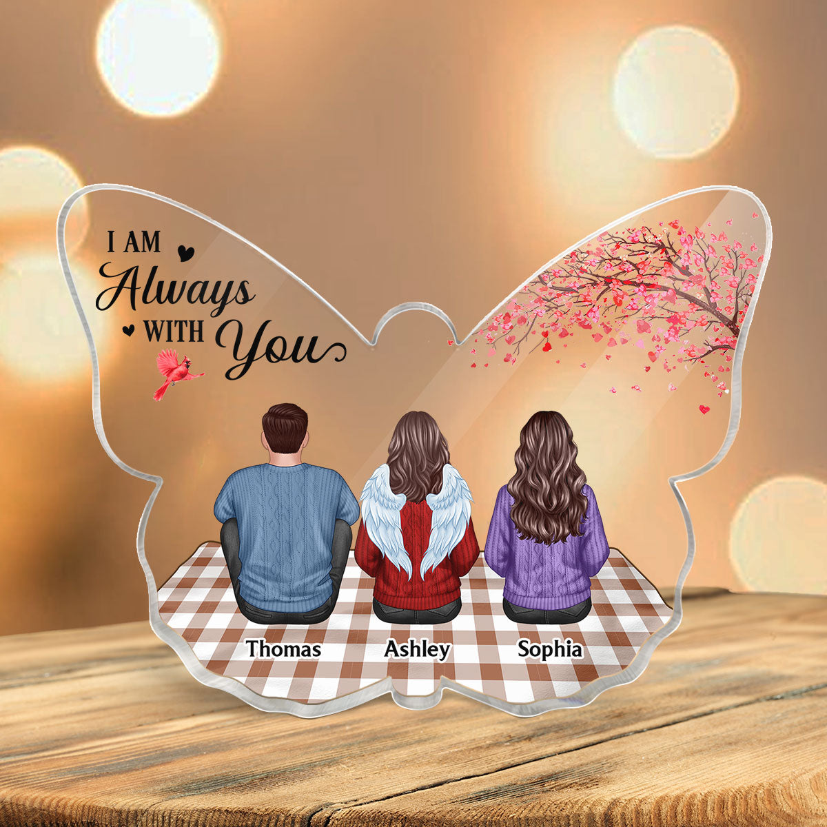 Always With You Family Members Sitting On Plaid Mat Memorial Remembrance Keepsake Personalized Butterfly Shaped Acrylic Plaque
