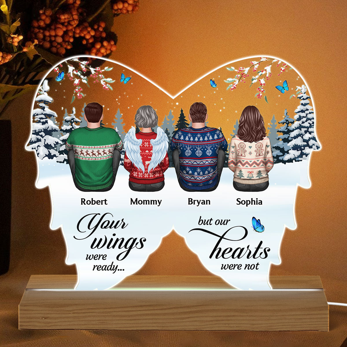 Family Sitting Memorial Wings Shaped Remembrance Gifts Personalized Custom Shape Acrylic LED Night Light