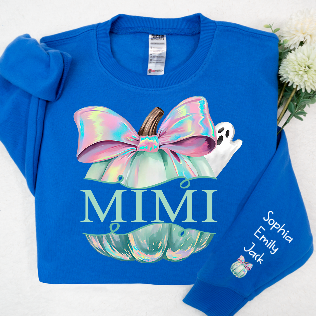 Personalized Mimi Pumpkin Iridescent Peeking Ghost With Grandkids Halloween Sweatshirt