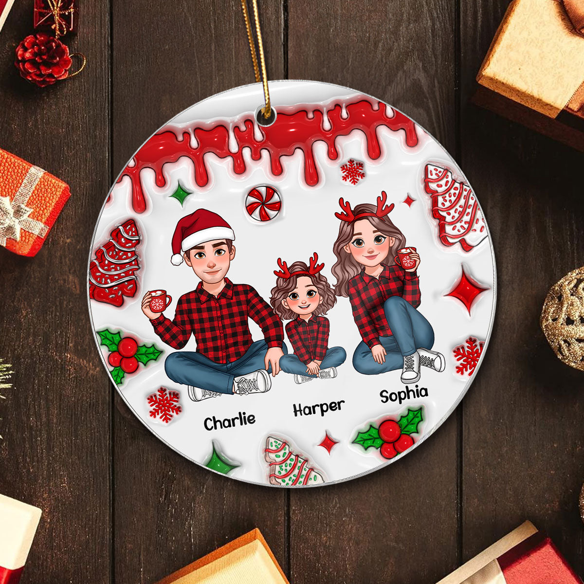 3D Inflated Effect Animated Family Christmas Cake Personalized Acrylic Ornament, Christmas Decoration, Christmas Gift For Family