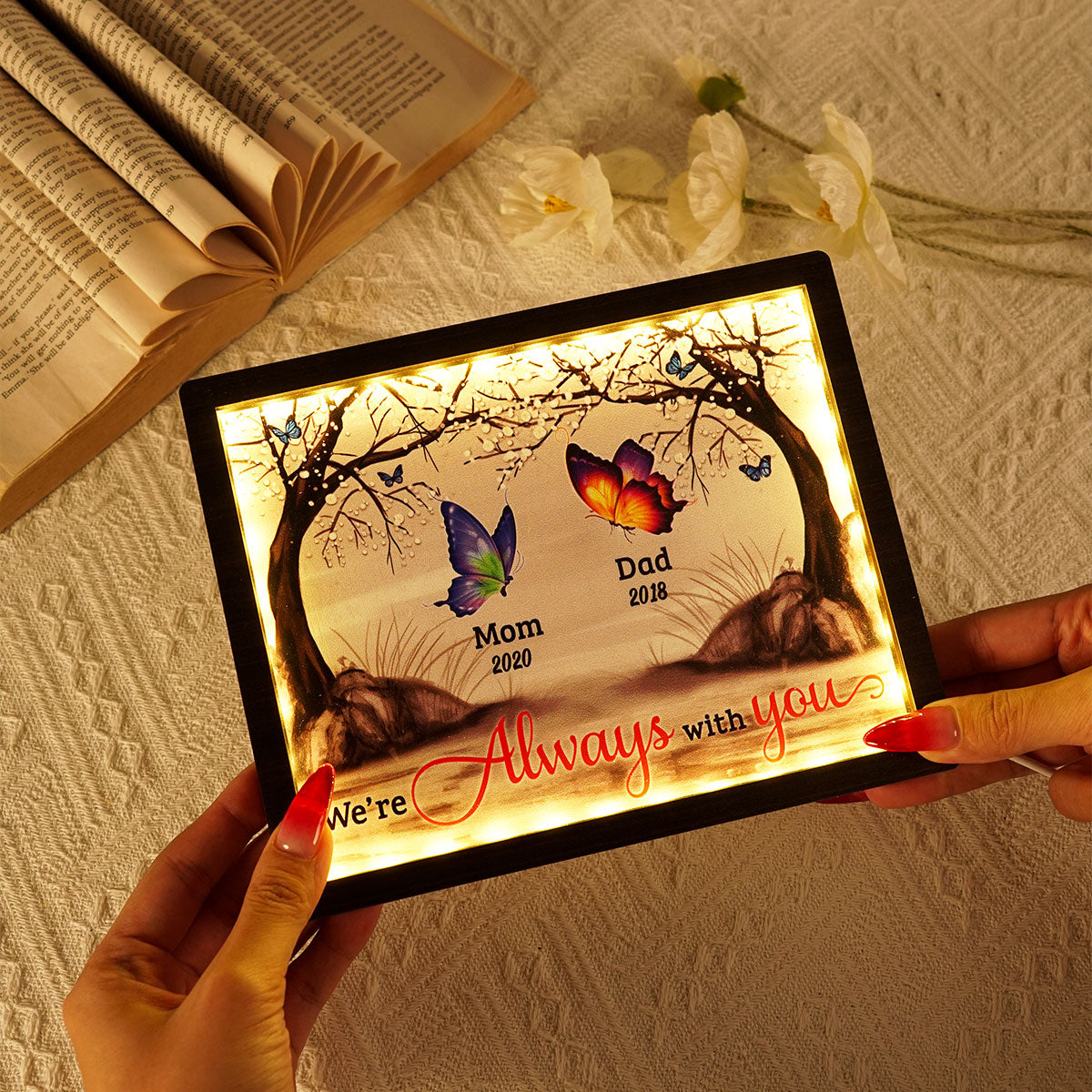 I Am Always With You Cardinals Butterflies Blossom Tree Memorial Personalized 2-Layered Wooden Plaque With LED