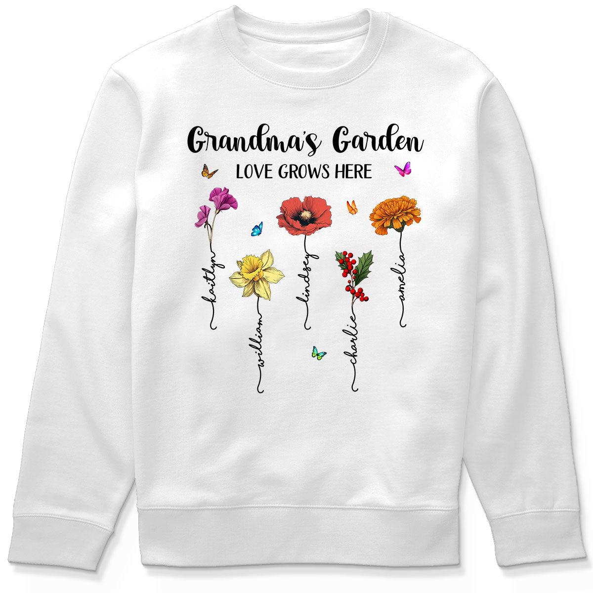 Grandma‘s Garden Love Grows Here Beautiful Birth Month Flower Mother‘s Day Gift For Grandma Mom Personalized Shirt