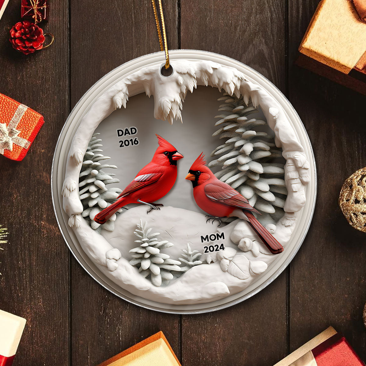 3D Effect Cardinals In Winter Cave Christmas Personalized Acrylic Ornament, Remembrance Gift, Sympathy Gift