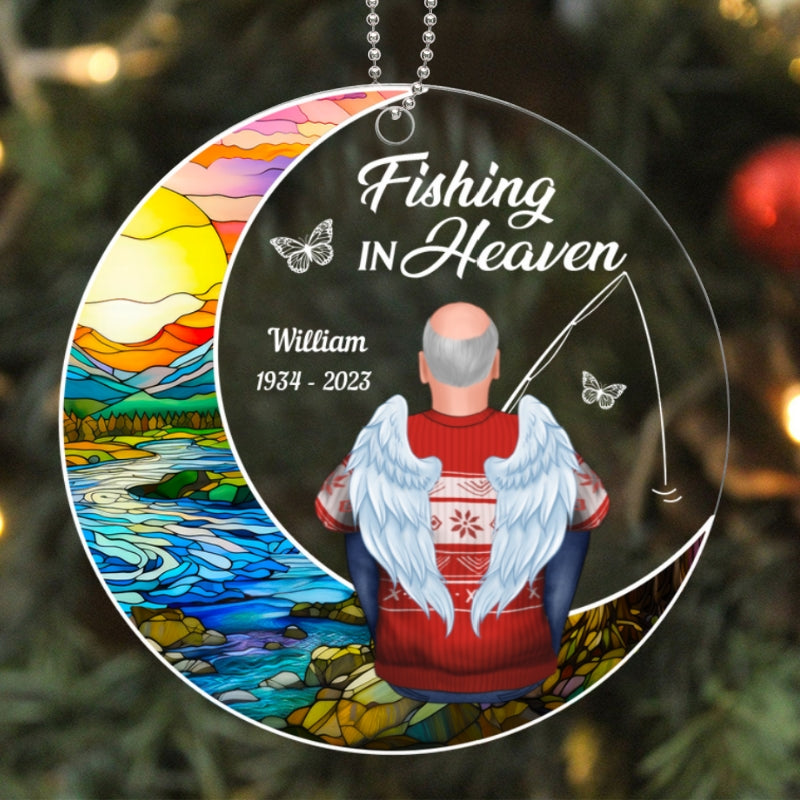 Fishing In Heaven Stained Glass Moon Memorial Keepsake Personalized Acrylic Ornament