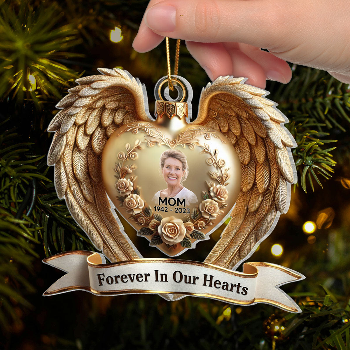 Forever In Our Hearts Angel Wings Photo Upload Memorial Keepsake 3D Effect Personalized Acrylic Flat Ornament