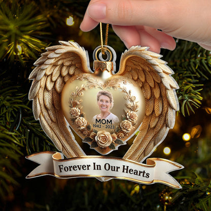 Forever In Our Hearts Angel Wings Photo Upload Memorial Keepsake 3D Effect Personalized Acrylic Flat Ornament