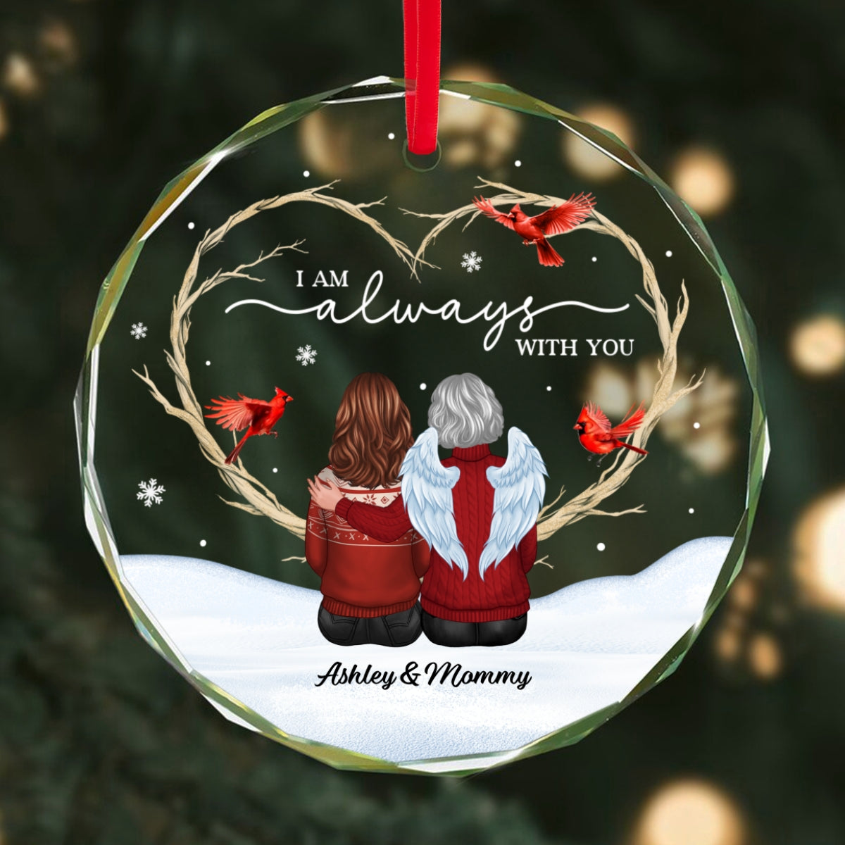 Cardinals Heart Branch Memorial Personalized Glass Ornament, Sympathy Keepsake