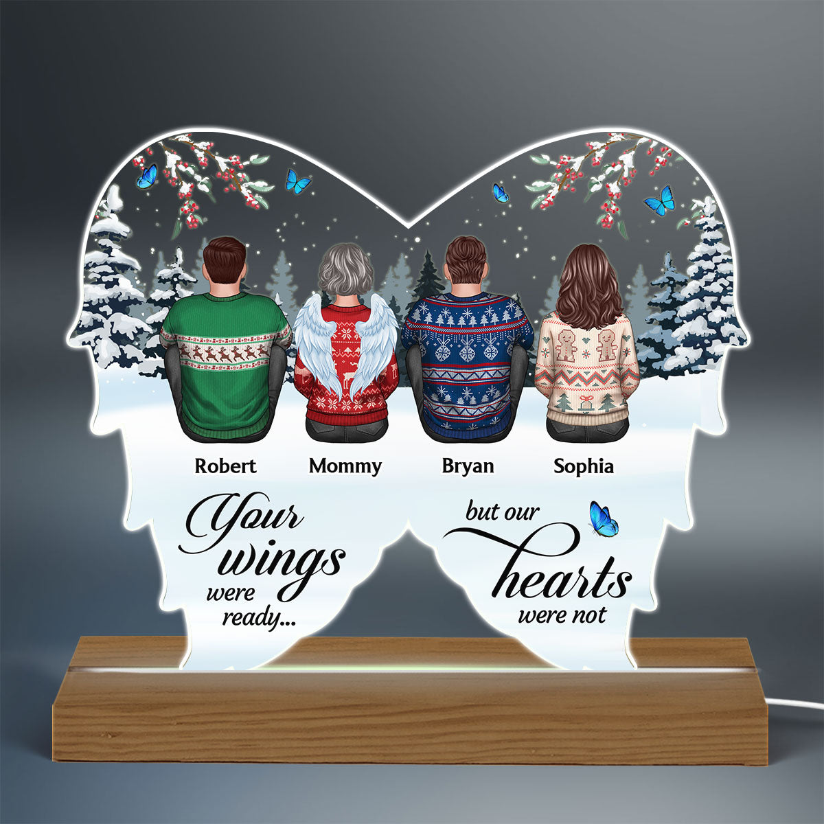 Family Sitting Memorial Wings Shaped Remembrance Gifts Personalized Custom Shape Acrylic LED Night Light