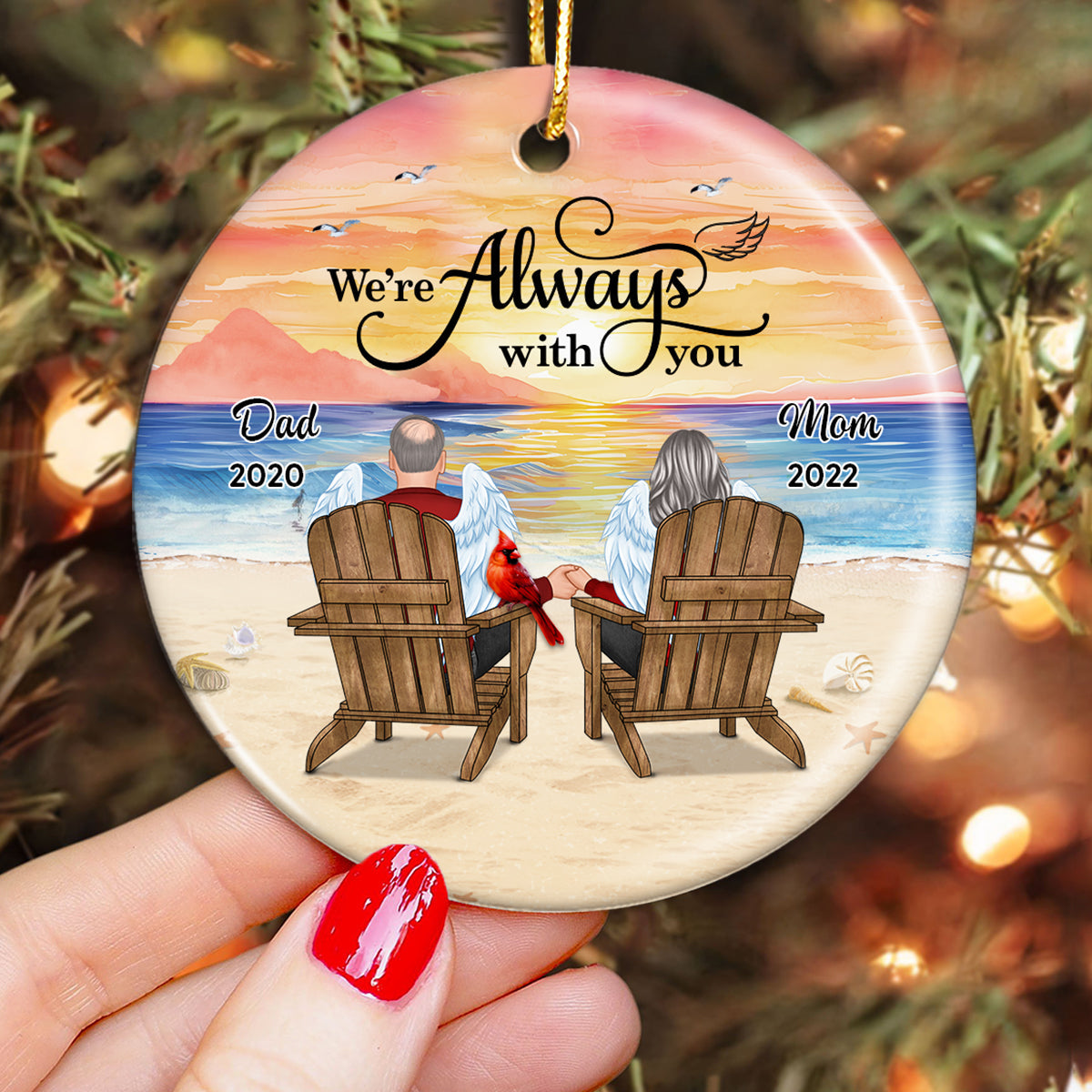 Dad Mom Sitting On Chair At Beach Memorial Keepsake Personalized Circle Ornament