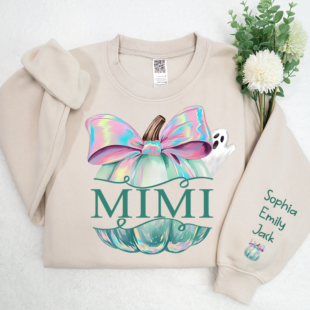 Personalized Mimi Pumpkin Iridescent Peeking Ghost With Grandkids Halloween Sweatshirt