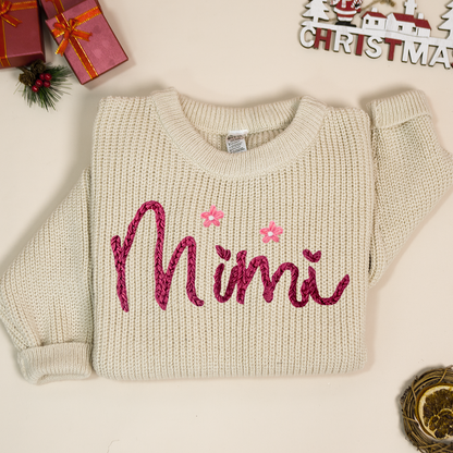 Custom Hand-Embroidered Knitted Sweater - Personalized Name Sweater for Grandma, Mimi, or Nana - Soft and Cozy Gift for Grandparents