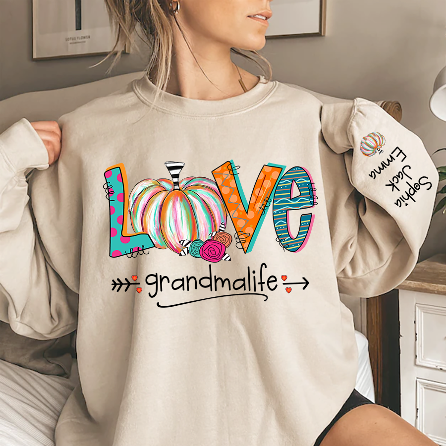 Love Grandma Life Pumpkins Grandkids Name Sweatshirt