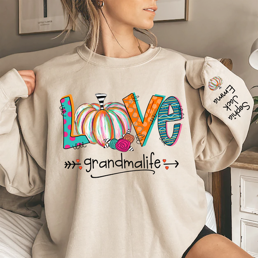 Love Grandma Life Pumpkins Grandkids Name Sweatshirt