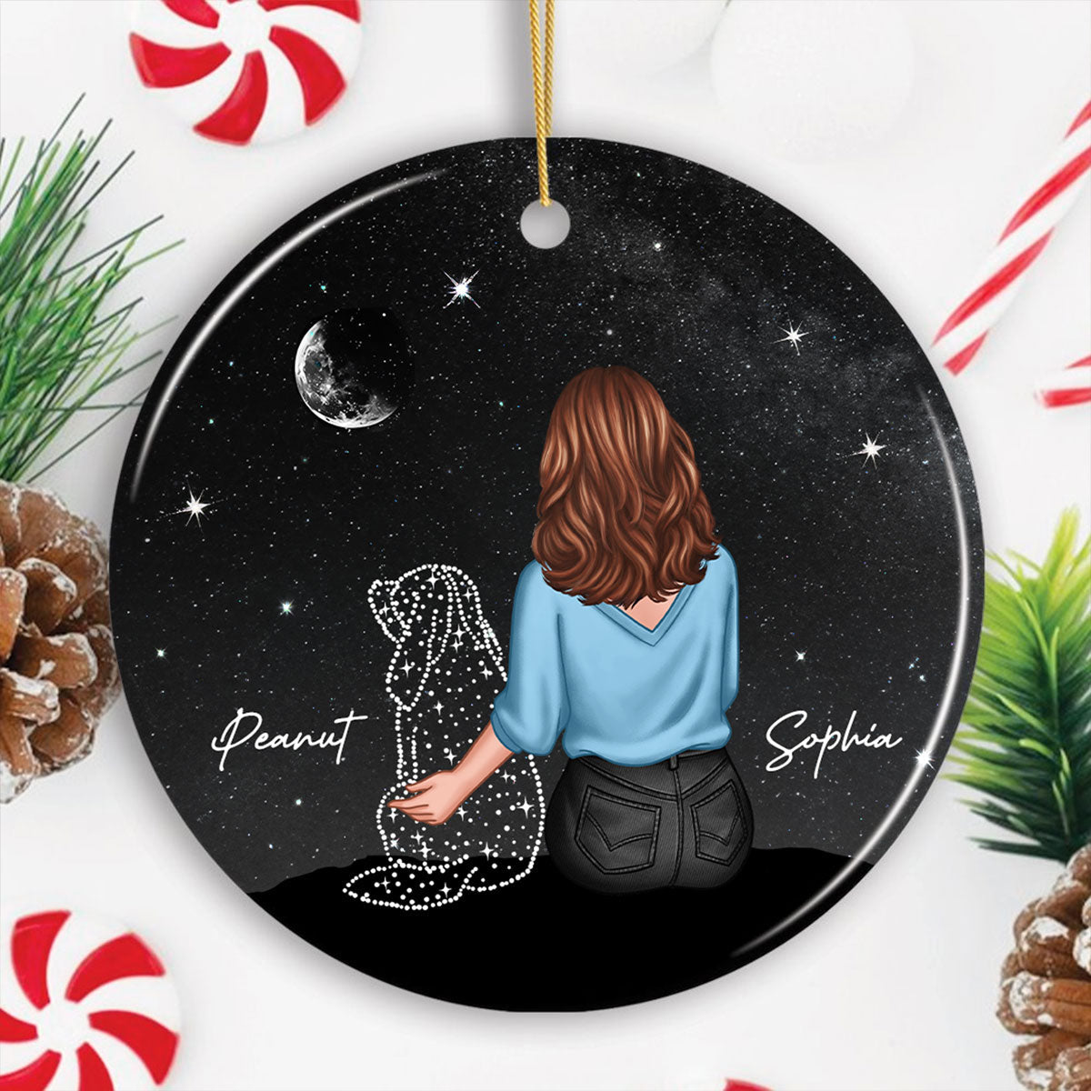 Woman And Dog Sitting Memorial Personalized Circle Ceramic Ornament