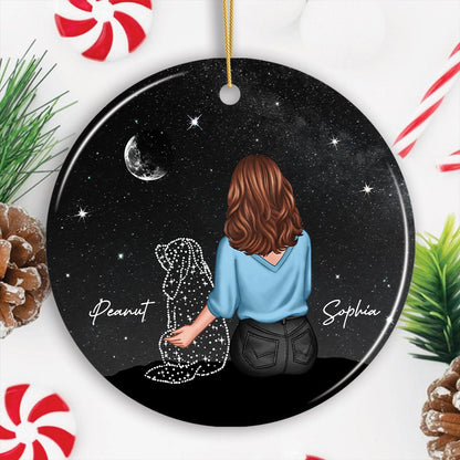 Woman And Dog Sitting Memorial Personalized Circle Ceramic Ornament
