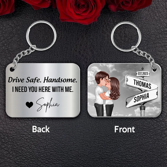 Drive Safe Couple Kissing Vintage Crossroads Street Sign Personalized Metal Keychain, Anniversary Valentine's Day Gift For Him, Boyfriend, Husband