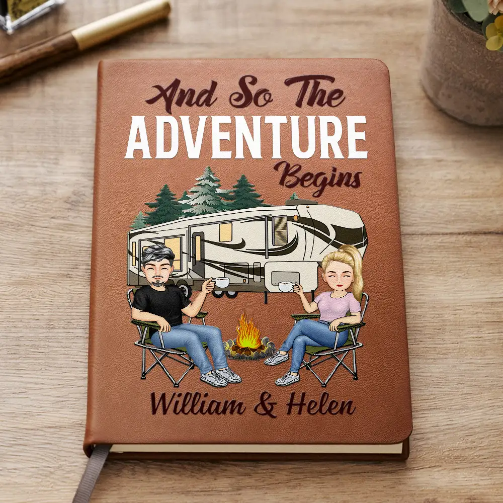 The Adventure Book Cartoon Couple Camping - Personalized Leather Journal