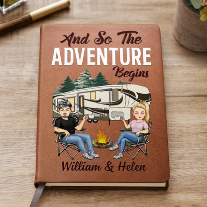 The Adventure Book Cartoon Couple Camping - Personalized Leather Journal