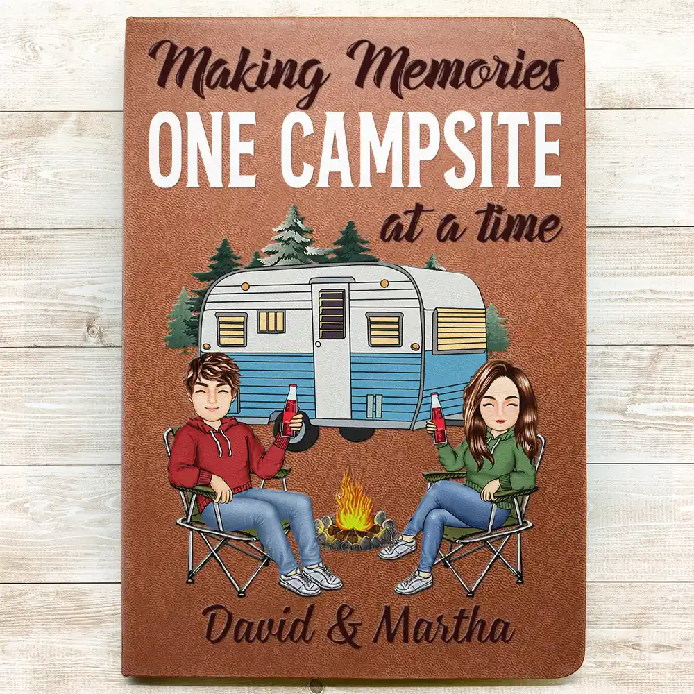 The Adventure Book Cartoon Couple Camping - Personalized Leather Journal