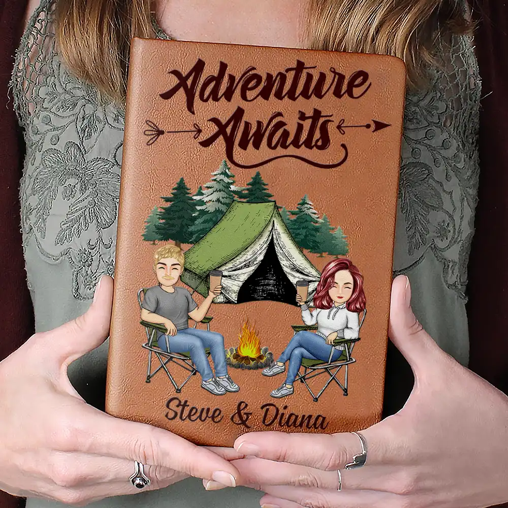 The Adventure Book Cartoon Couple Camping - Personalized Leather Journal