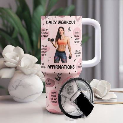 Sport Lovers - Daily Workout Affirmations - Personalized Photo Tumbler With Handle - The Next Custom Gift