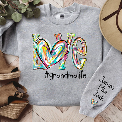 Love Grandma Life Color Clipart Custom Sweatshirt, Custom Grandmalife With Kids Names On Sleeve Sweatshirt