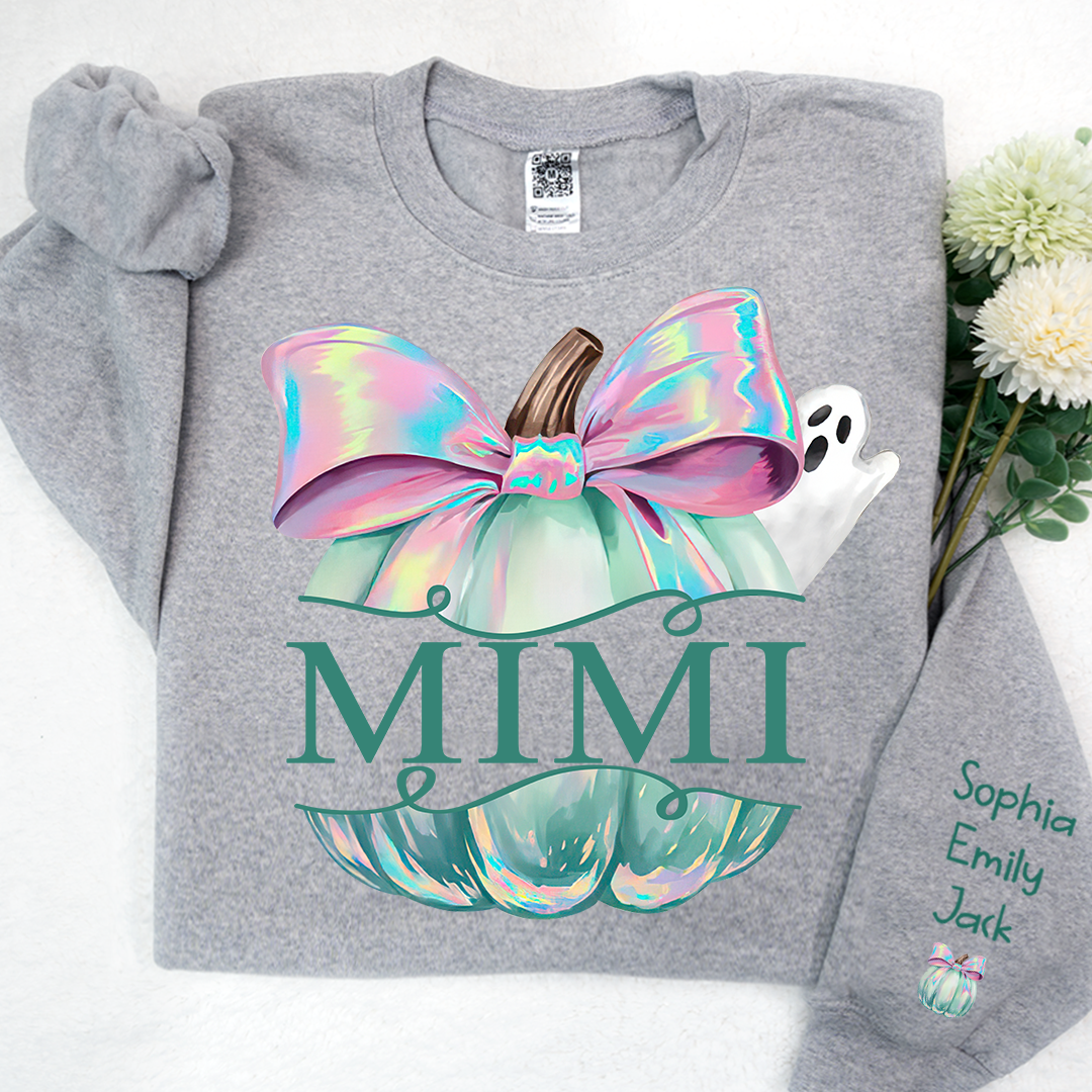 Personalized Mimi Pumpkin Iridescent Peeking Ghost With Grandkids Halloween Sweatshirt