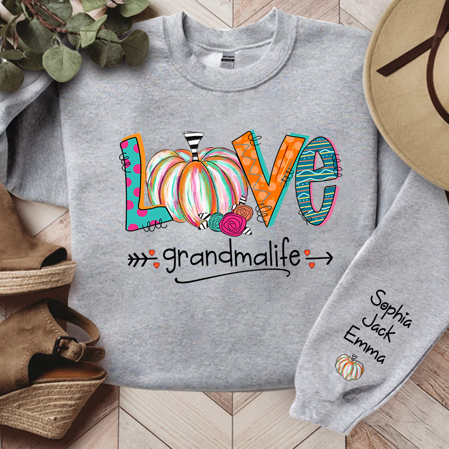 Love Grandma Life Pumpkins Grandkids Name Sweatshirt