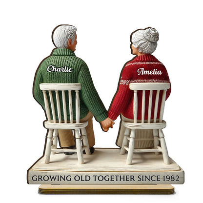 3D Effect Back View Old Couple Sitting Together Holding Hands Personalized Standing Wooden Plaque, Heartfelt Gift For Couple, For Him, For Her, Husband, Wife