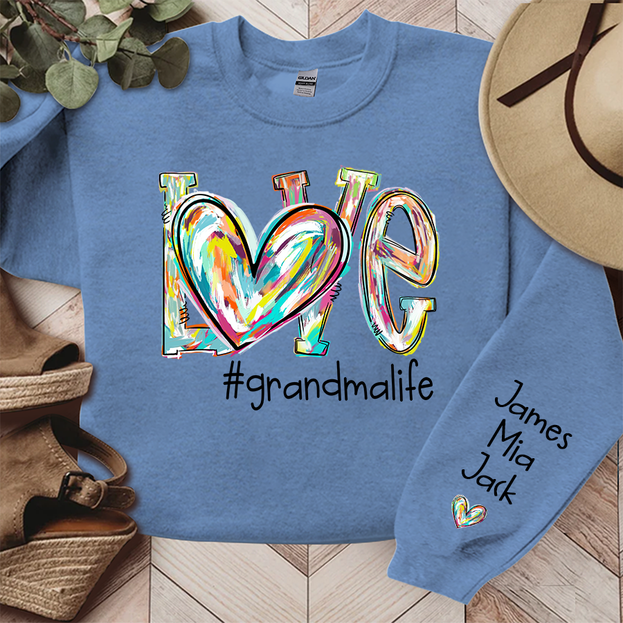 Love Grandma Life Color Clipart Custom Sweatshirt, Custom Grandmalife With Kids Names On Sleeve Sweatshirt