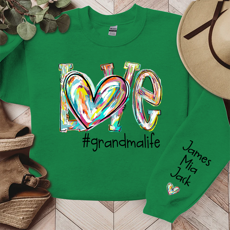 Love Grandma Life Color Clipart Custom Sweatshirt, Custom Grandmalife With Kids Names On Sleeve Sweatshirt