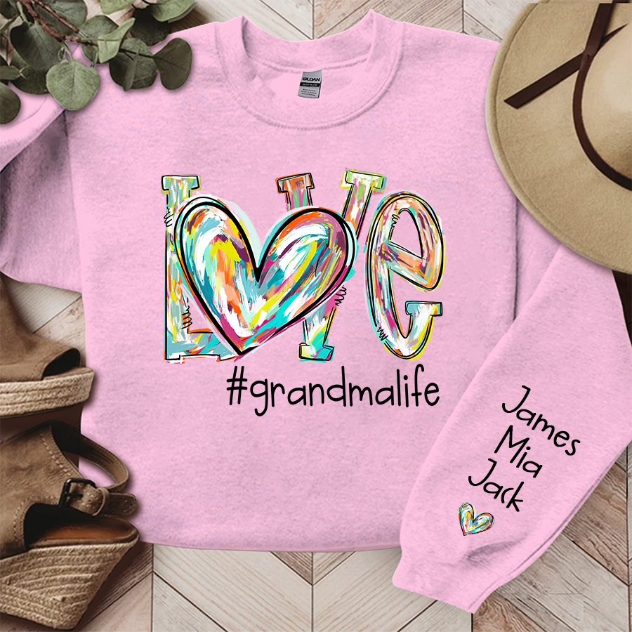 Love Grandma Life Color Clipart Custom Sweatshirt, Custom Grandmalife With Kids Names On Sleeve Sweatshirt