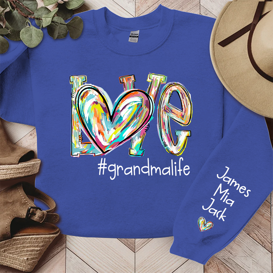 Love Grandma Life Color Clipart Custom Sweatshirt, Custom Grandmalife With Kids Names On Sleeve Sweatshirt