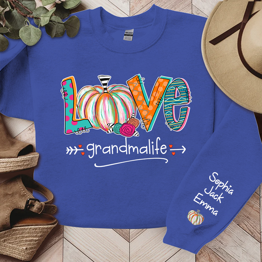 Love Grandma Life Pumpkins Grandkids Name Sweatshirt