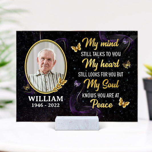 My Mind Still Talks To You Photo Inserted Glow Butterflies Memorial Sympathy Remembrance Keepsake Personalized Acrylic Plaque