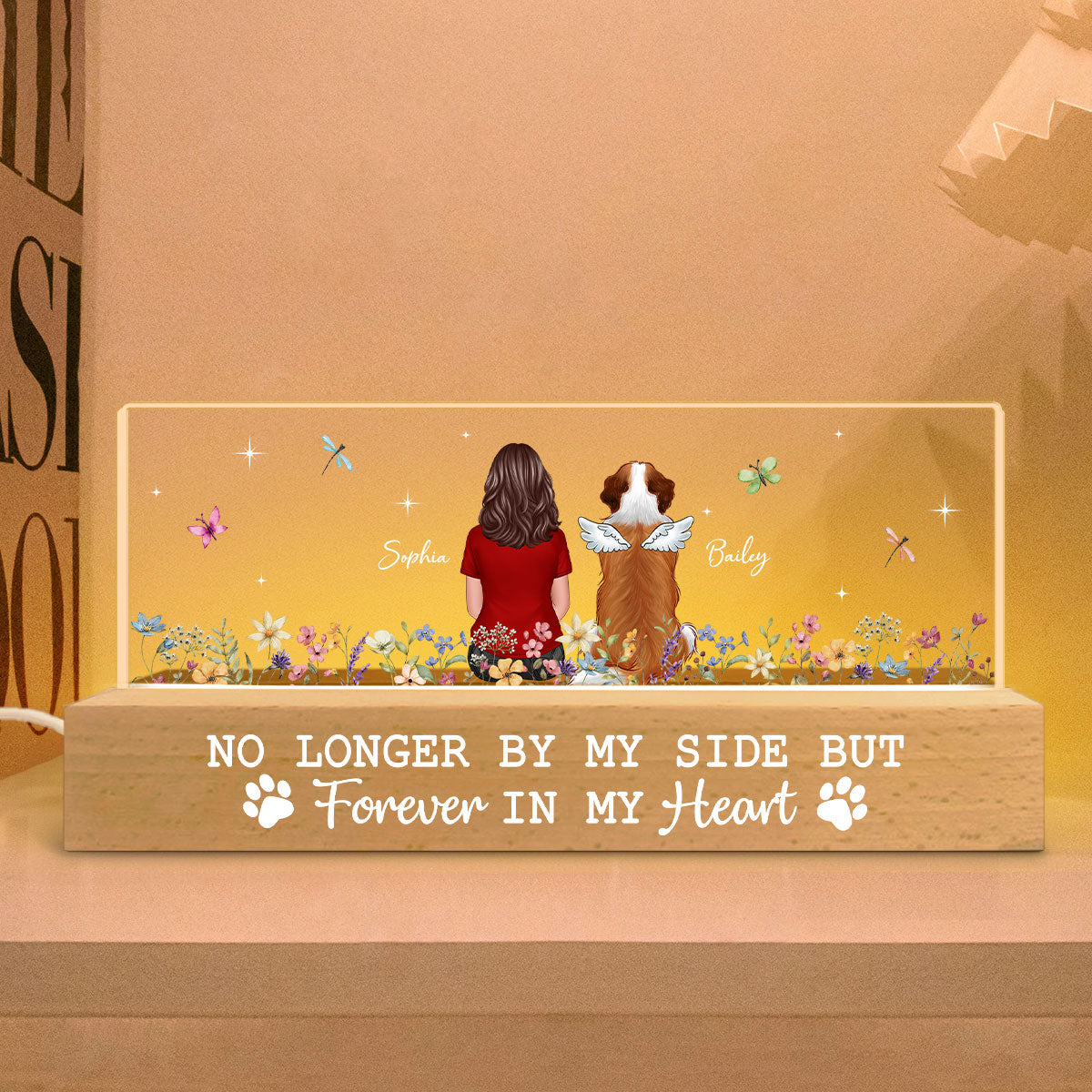 Forever In My Heart Dog Cat Memorial Floral Sympathy Gift Memorial Keepsake Personalized Acrylic Block LED Night Light