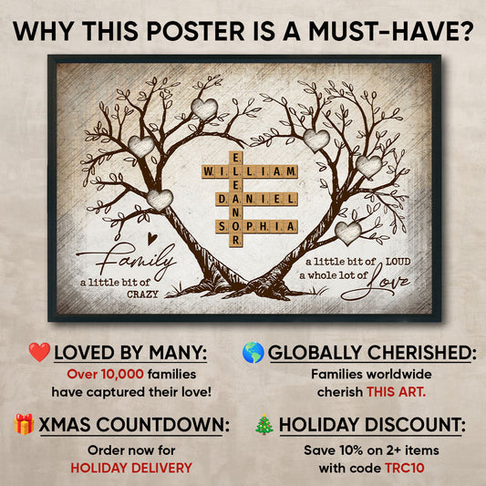 Family Heart Tree Crossword Puzzle, Perfect Gift For Family, For Husband, Wife, Dad, Mom Personalized Poster