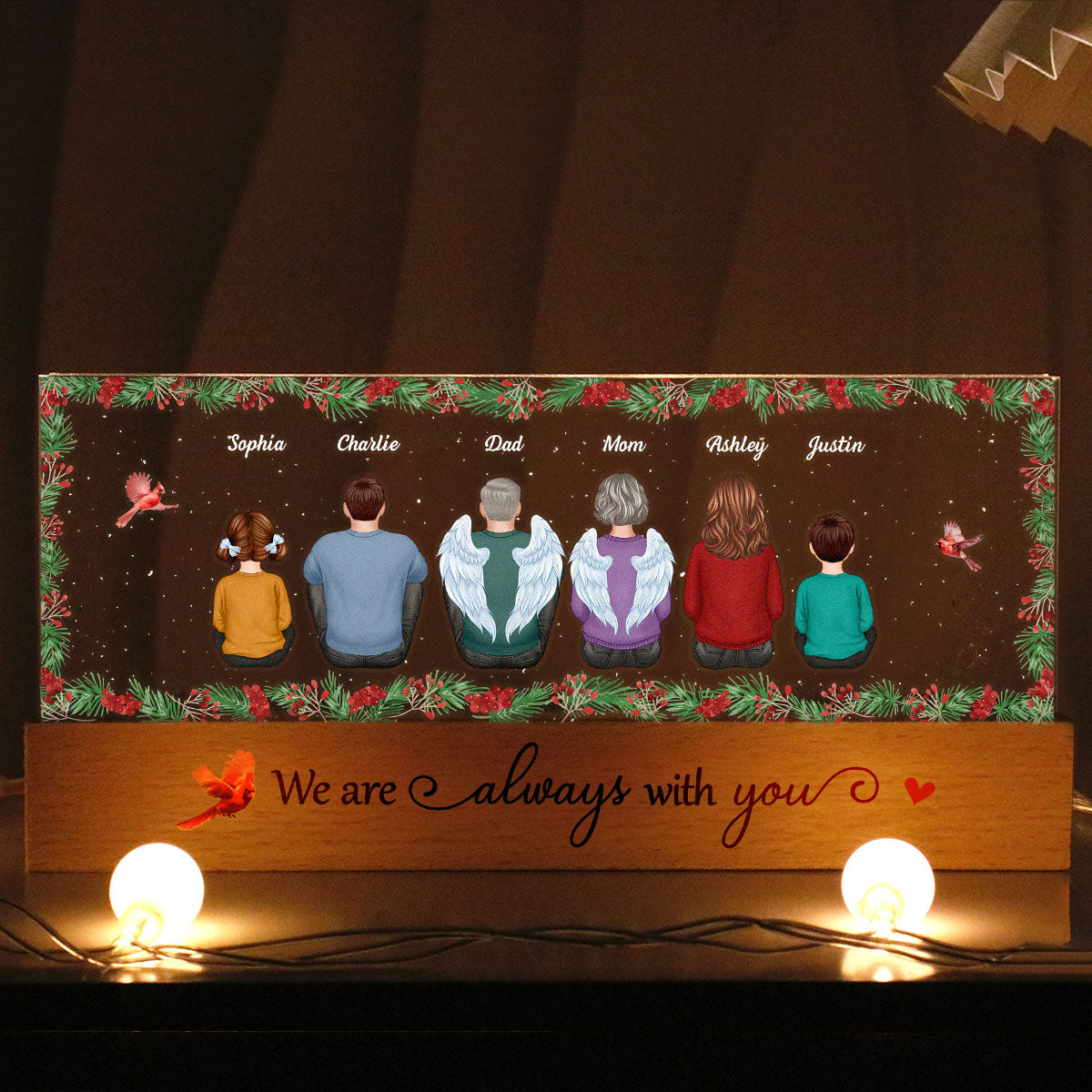 Holly Branch Family Memorial Personalized LED Night Light, Sympathy Gift For Loved Ones