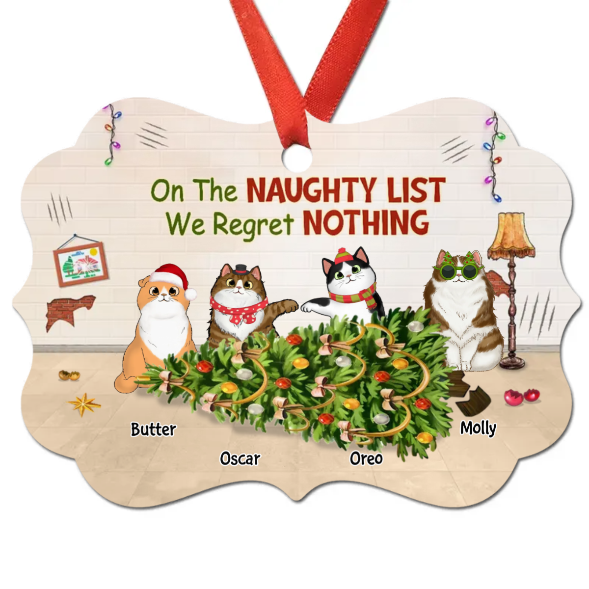 Naughty Cats Regret Nothing Personalized Christmas Ornament