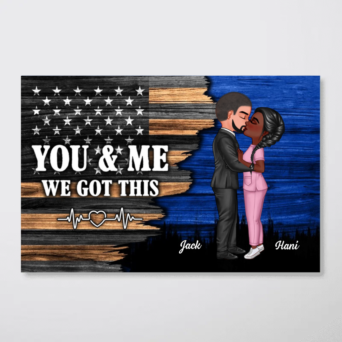 Hero Couple Kissing Half Flag Gifts by Occupation Firefighter, Nurse, Police Officer Personalized Horizontal Poster