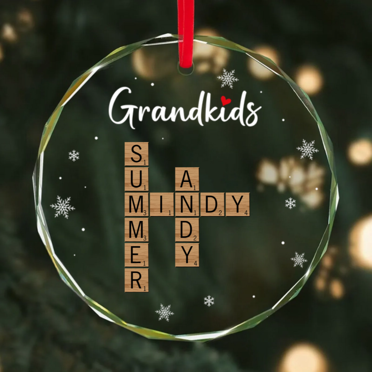 Grandkids Heart Crossword Art Puzzle Personalized Glass Ornament, Gift For Grandma Grandparents