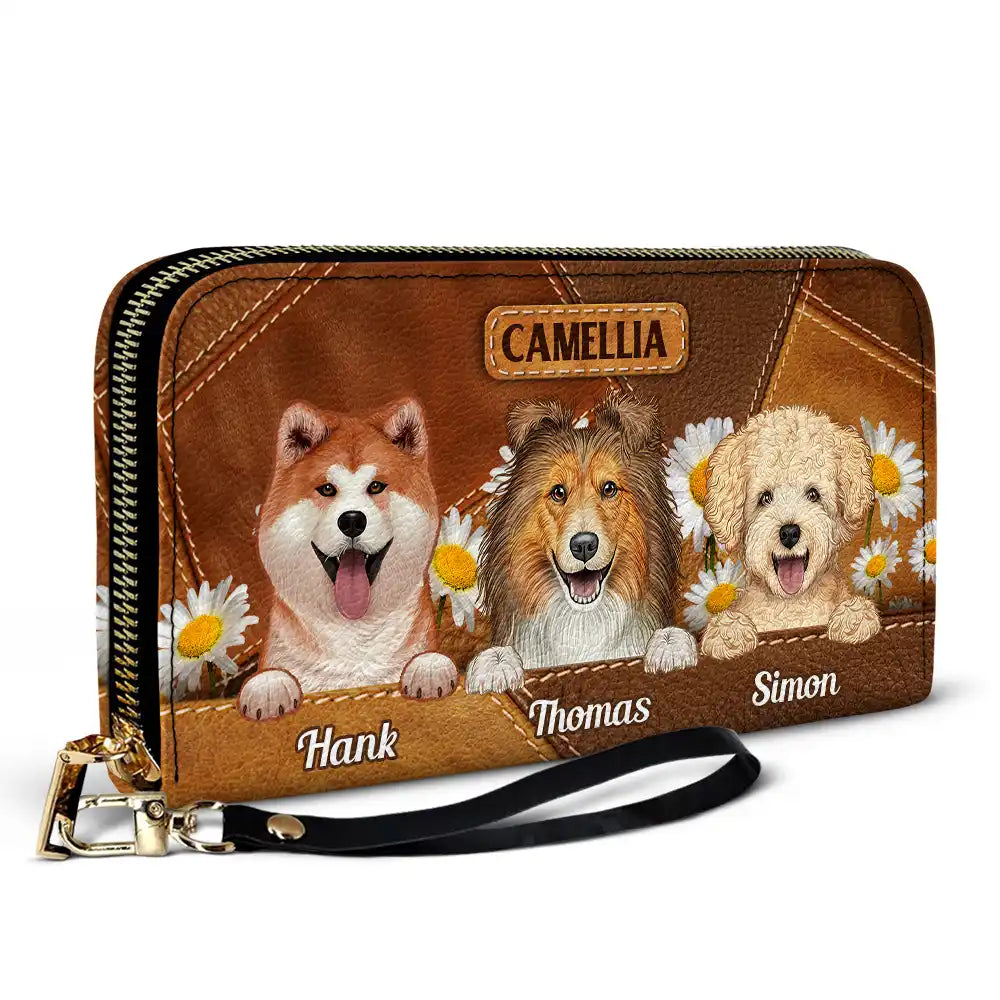 Cute Dogs Daisy Flowers - Personalized Leather Long Wallet